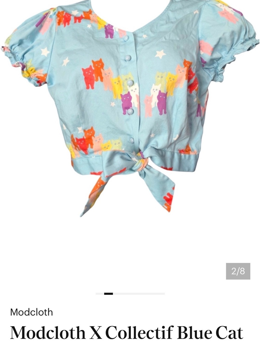 Modcloth Light Blue Tie-Front Crop Top with Multicolor Cat Print